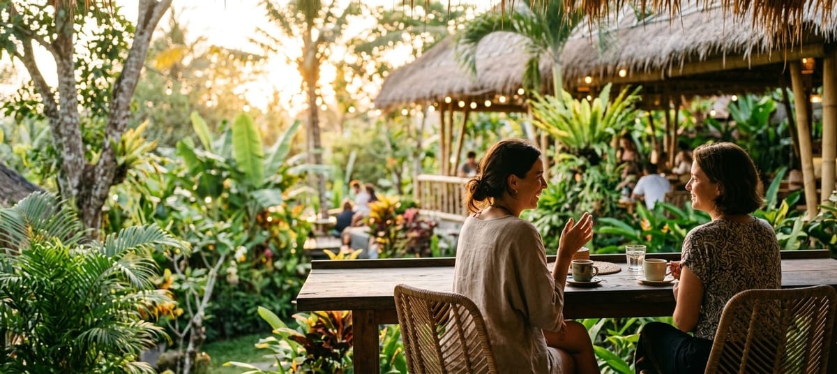 Dos personas conversando al atardecer en un café entre la naturaleza de Bali