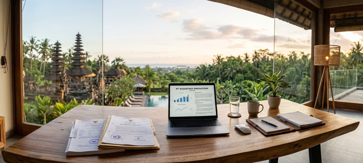 Escritorio de madera con un portátil mostrando una empresa PT indonesia, documentos de constitución y vistas a un templo balinés, palmeras y piscina al atardecer