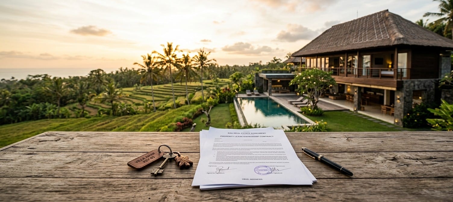 Contrato de compraventa de una villa en Bali sobre una mesa de madera, con vistas a arrozales, palmeras y una villa con piscina al atardecer