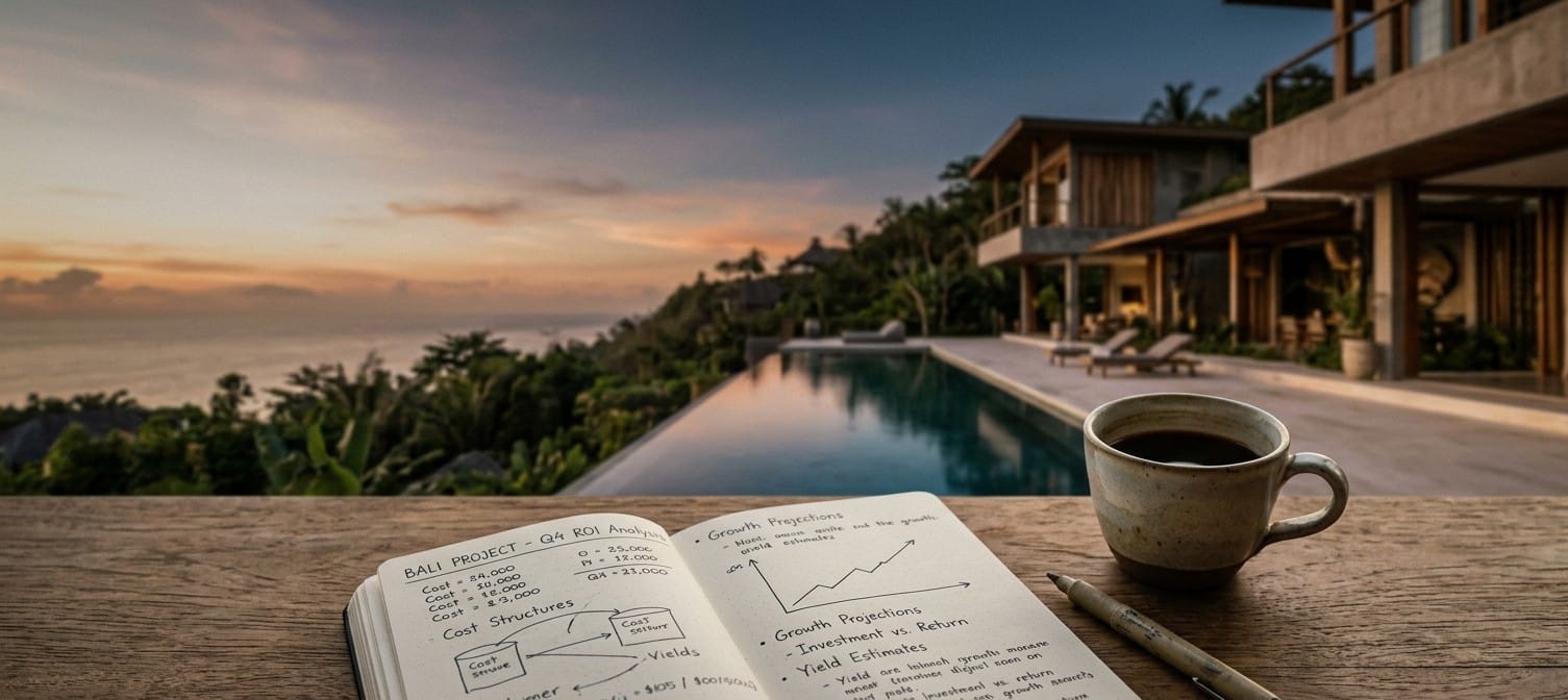 Cuaderno con un análisis de rentabilidad (ROI) de una villa en Bali junto a un café, frente a una piscina infinita con vistas al mar al atardecer