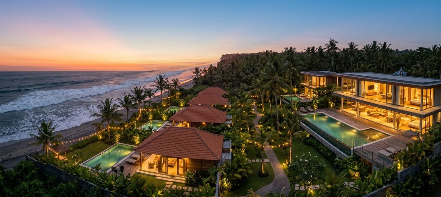 Vista aérea de villas de lujo con piscina frente al mar en Tabanan, entre palmeras y al atardecer