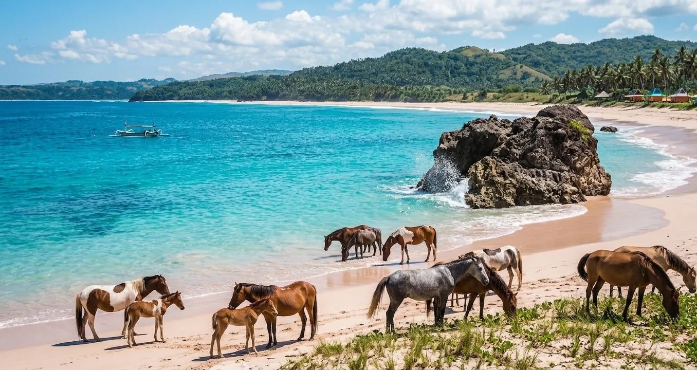 Jinete cabalgando por la orilla de una playa salvaje de Sumba al atardecer