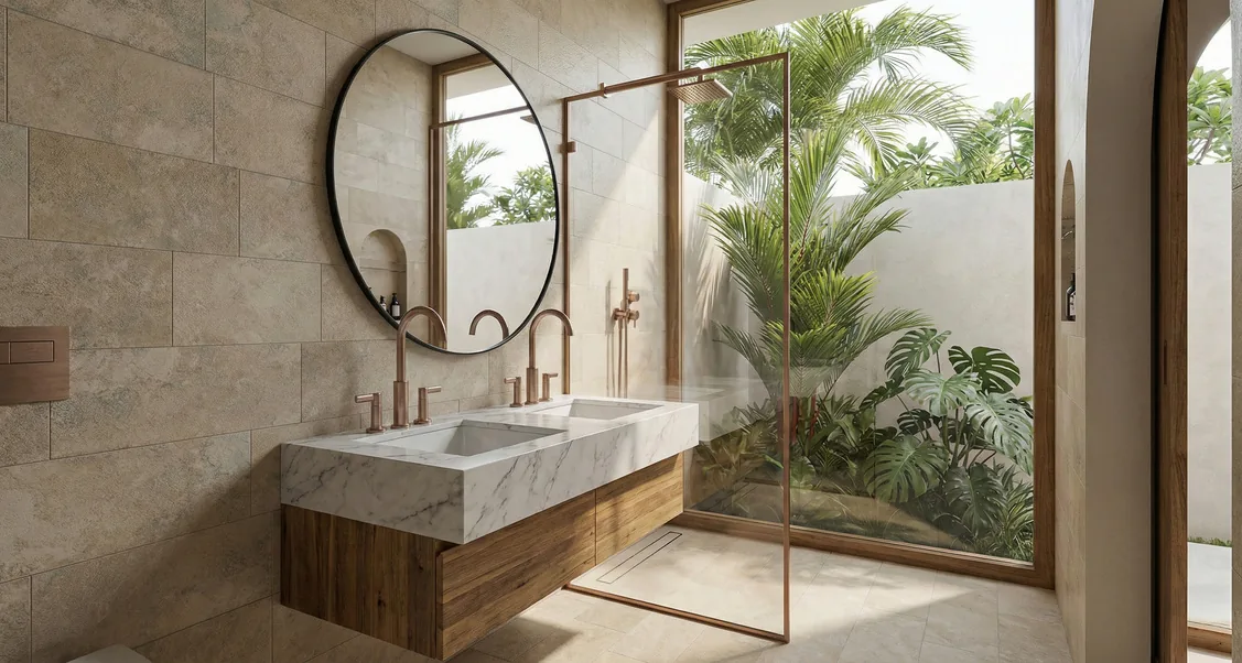 Villa Dream: baño con acabados naturales (render del proyecto)
