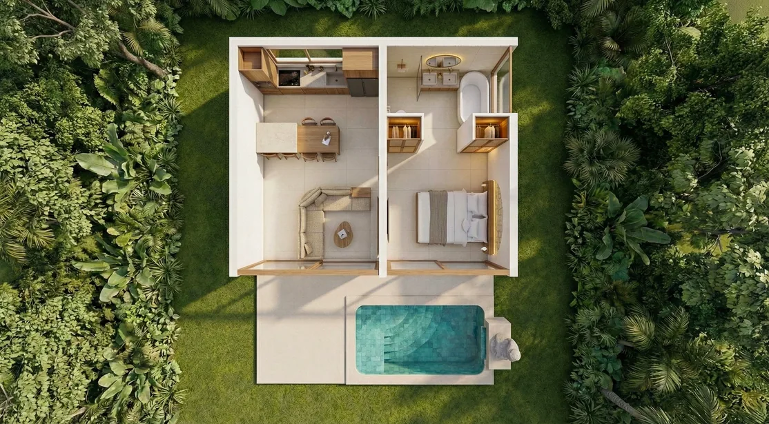 Villa Dune: piscina privada y zona de relax (render del proyecto)