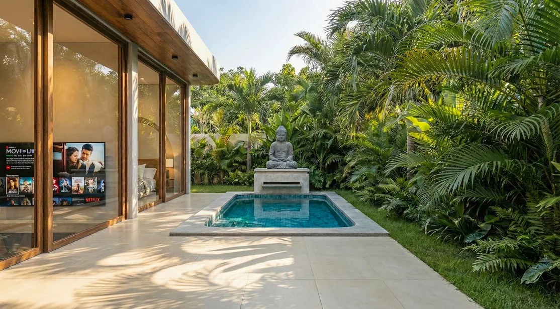 Villa Dune: salón abierto al jardín (render del proyecto)