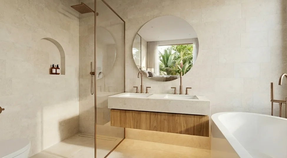 Villa Dune: interior de techos altos y materiales locales (render del proyecto)