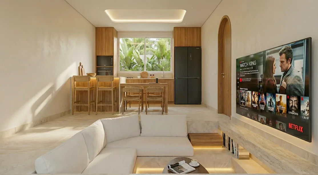 Villa Dune: baño con acabados naturales (render del proyecto)