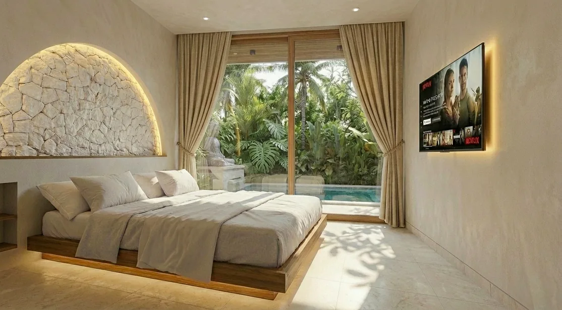 Villa Dune: terraza y solárium junto a la piscina (render del proyecto)