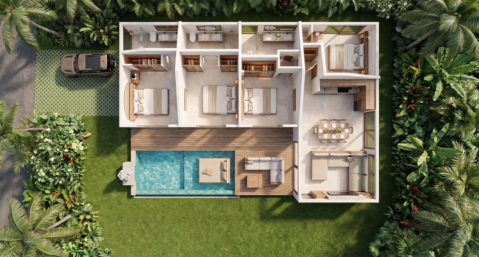 Villa Temple: piscina privada y zona de relax (render del proyecto)