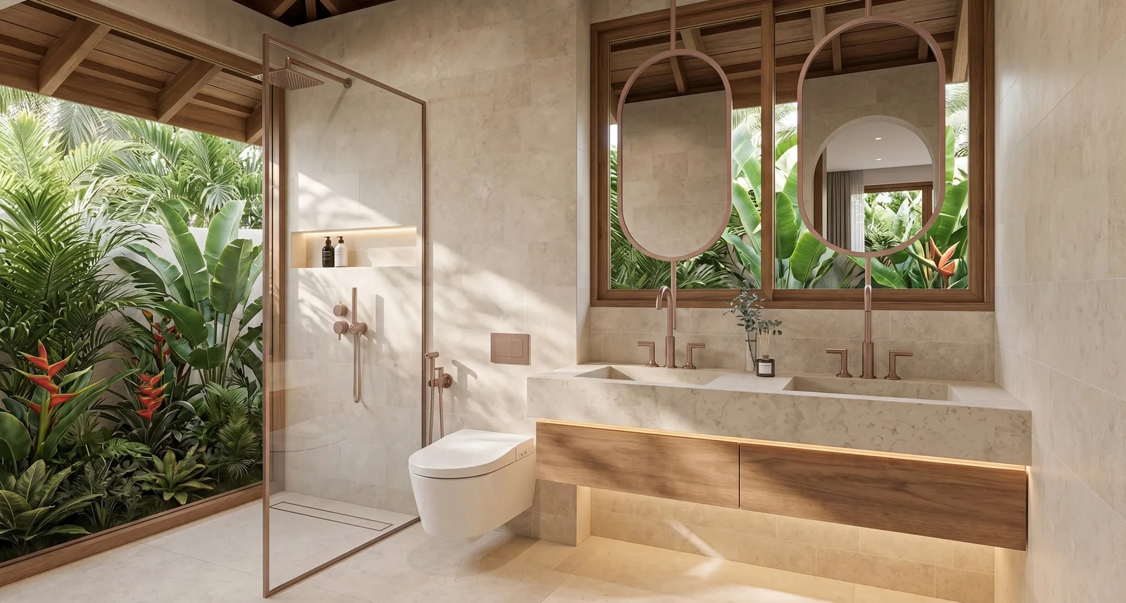 Villa Temple: baño con acabados naturales (render del proyecto)