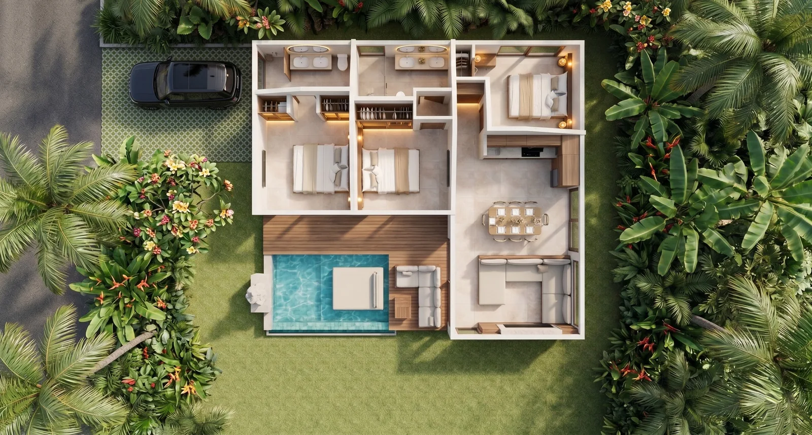 Villa Trinity: piscina privada y zona de relax (render del proyecto)